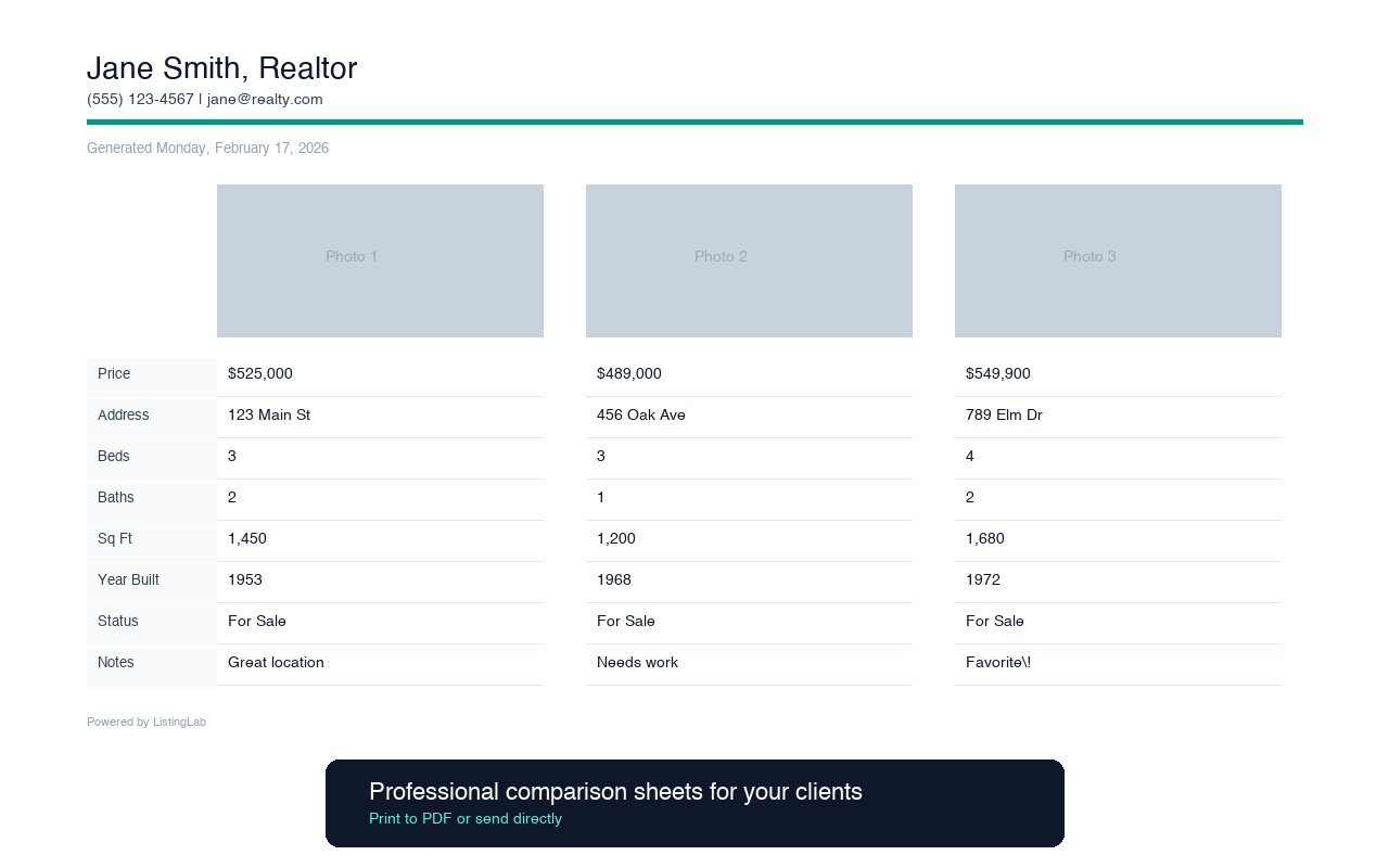 Export a professional comparison sheet
